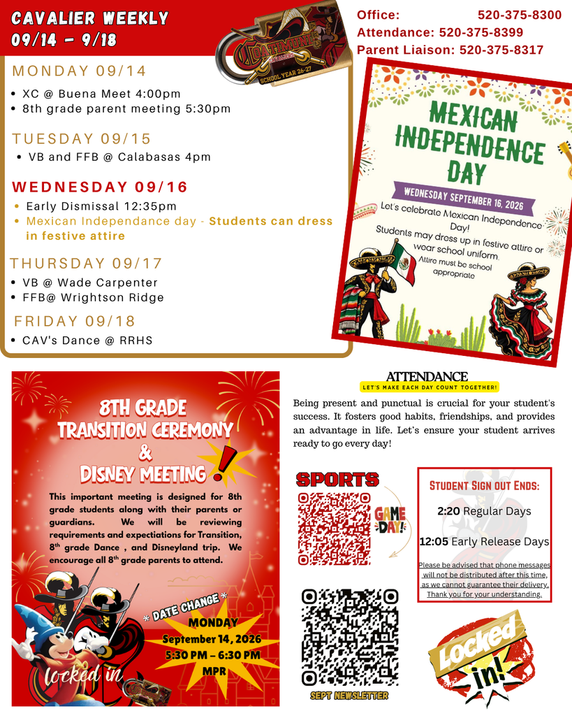 cavlier week at a glance with 8th grade parent meeting time