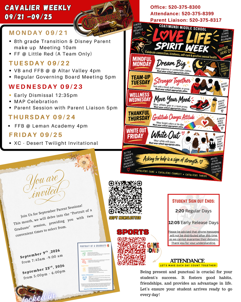 cavalier weekly at a galnce with spirit week sign