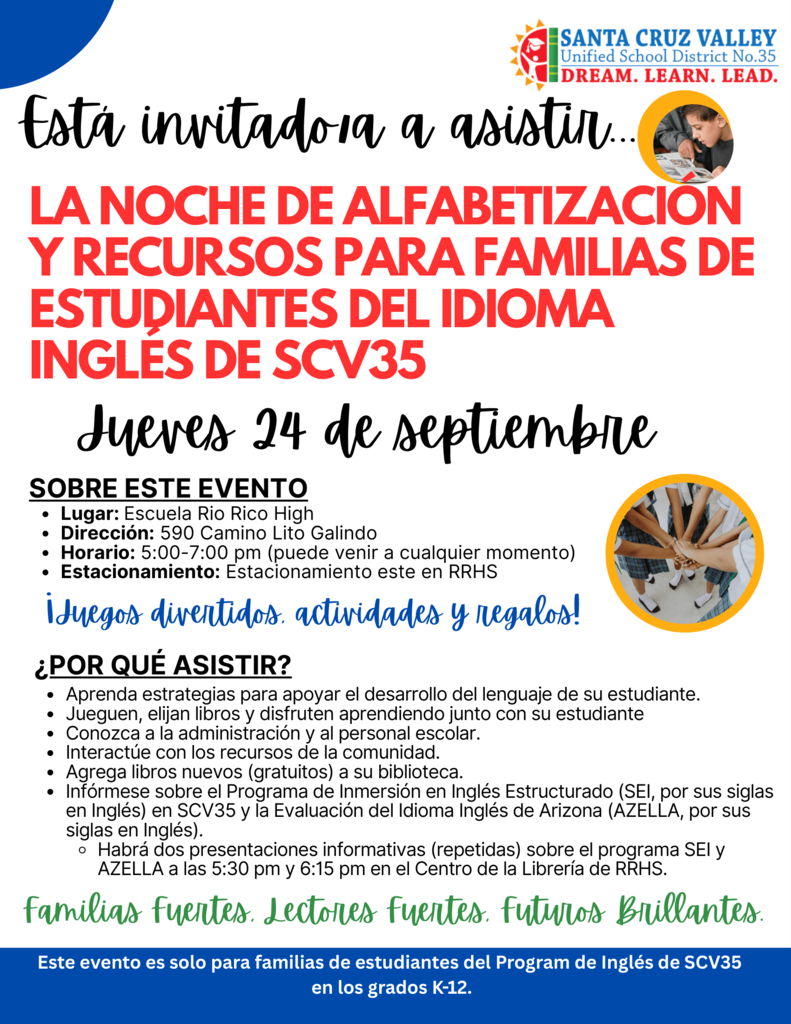 ¡Noche de Alfabetización Familiar y Recursos para Estudiantes de Inglés de SCV35!