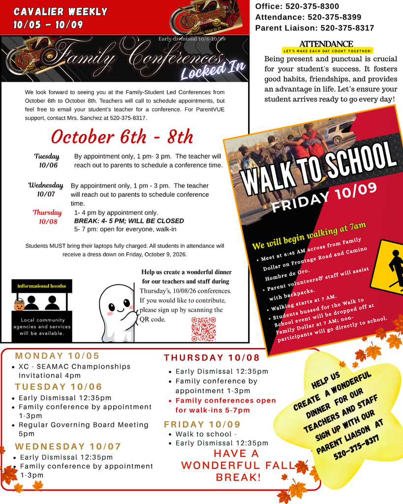 week at a glance, with conference schedule and walk to school flyer attached 