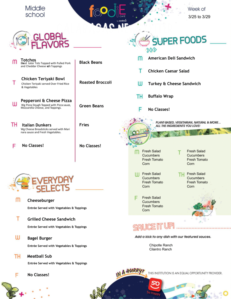 Middle School Menu 3rd week