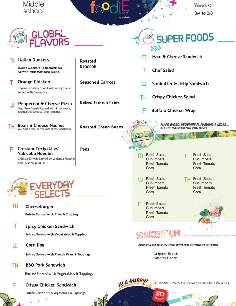 Middle School Menu 1st week