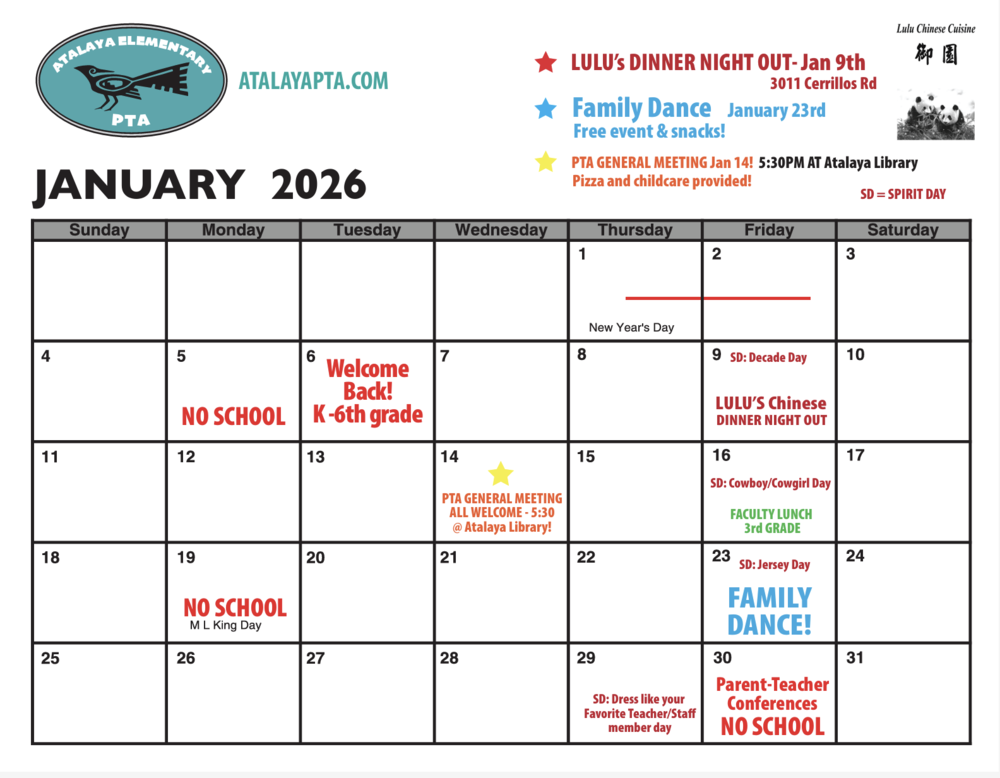 January PTA Calendar