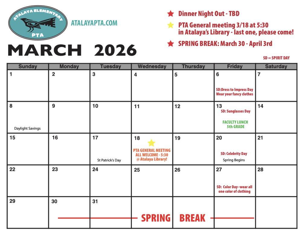 March 2026 PTA Calendar