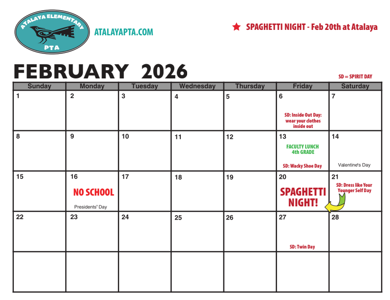 February PTA Calendar