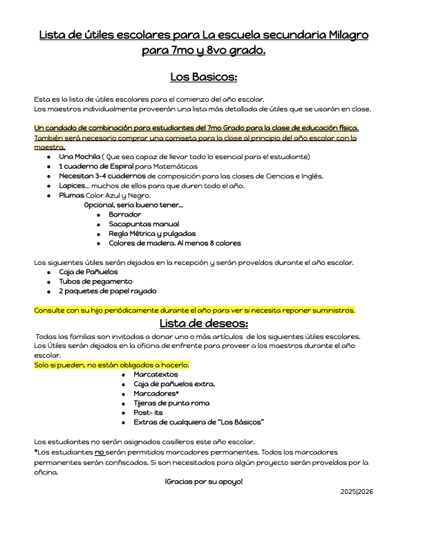 Supply list spanish