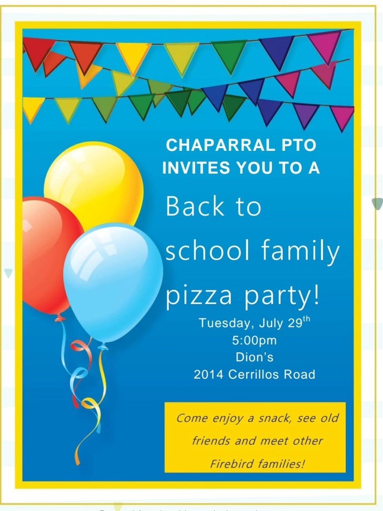 Chaparral PTO Invites you to a back to school family pizza party.