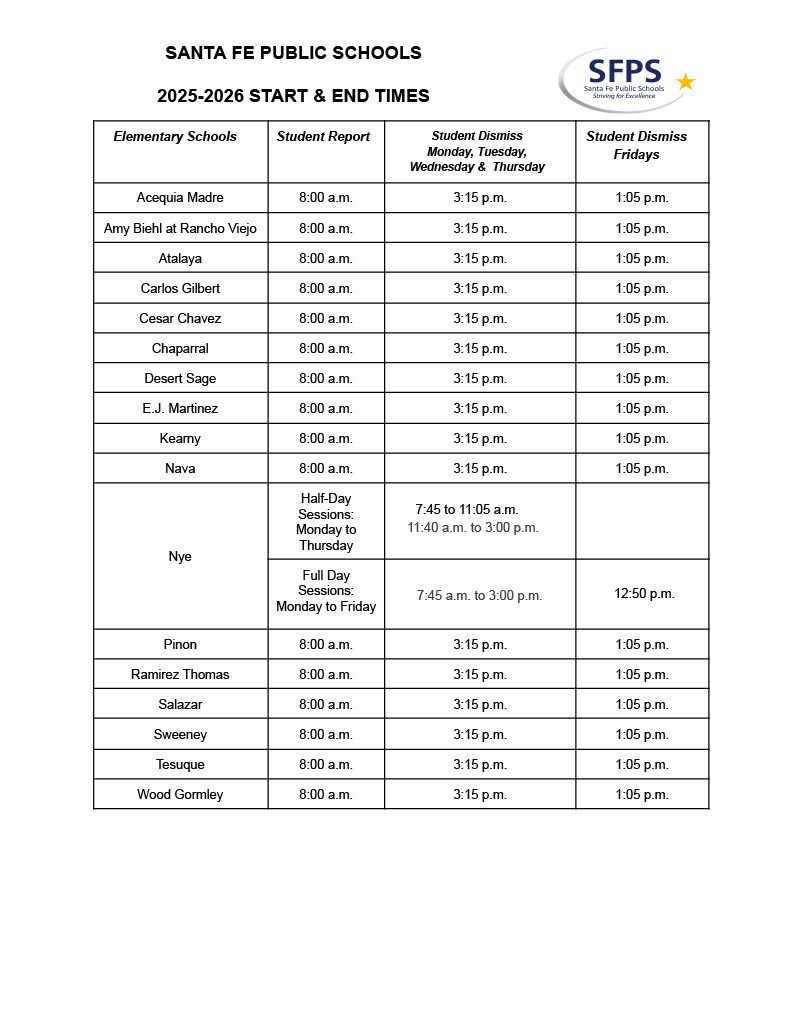 2025-26 SFPS Bell Schedule