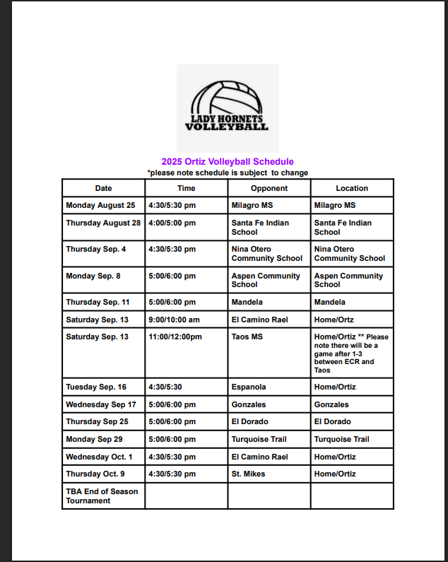 Hornet Volleyball Schedule!!!!!!!!!