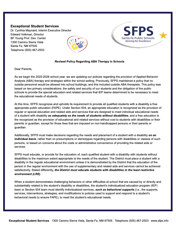 Letter from Exceptional Student Services