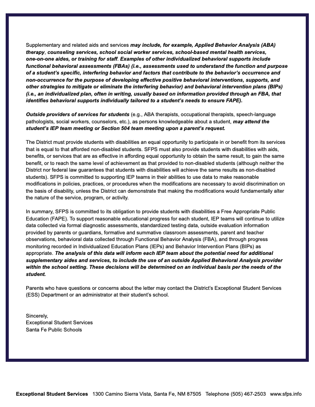 Letter from Exceptional Student Services