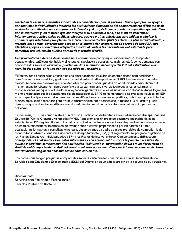 Letter from Exceptional Student Services