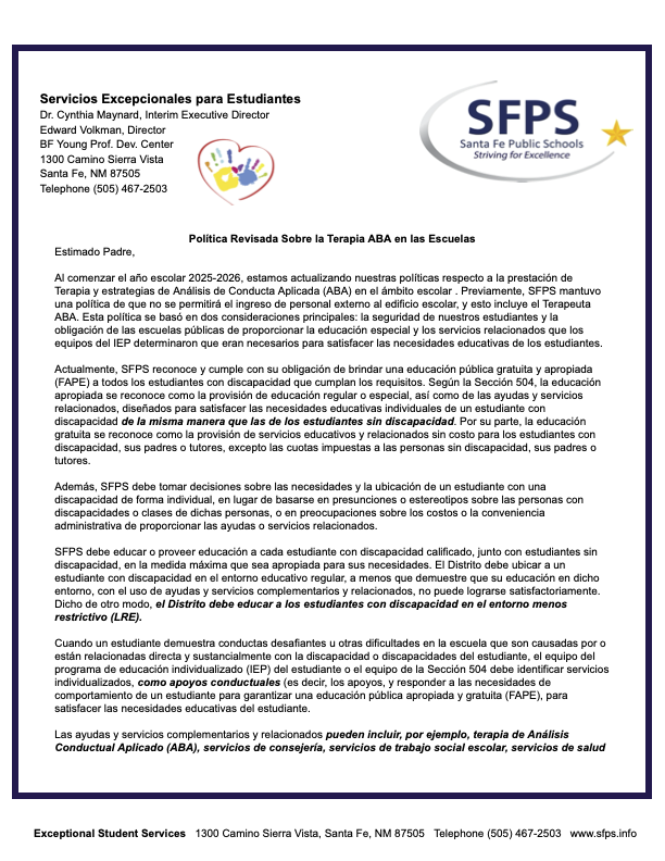 Letter from Exceptional Student Services