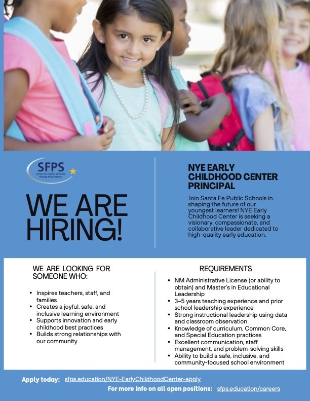 We are hiring. NYE Early Childhood Center Principal. Apply at sfps.education/NYE-EarlyChildhoodCenter-apply