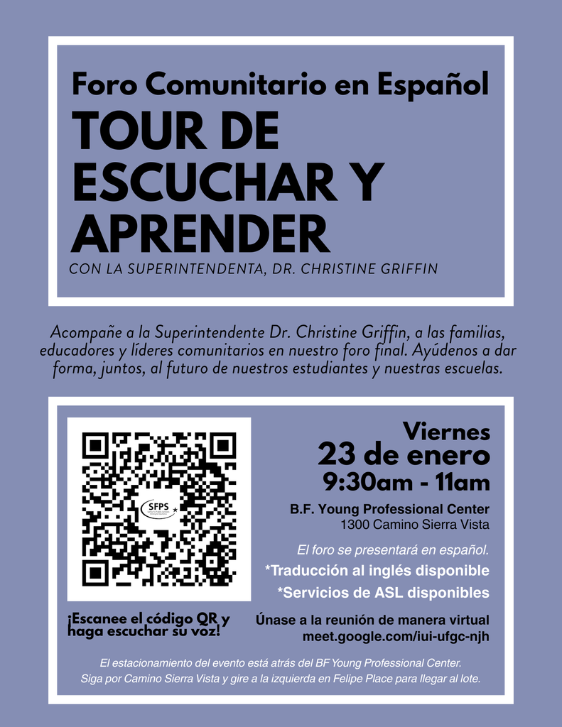 Tour de Escuchar y Aprender - Foro Comunitario en Espanol, Viernes 23 de enero a las 9:30 am at 1300 Camino Sierra Vista