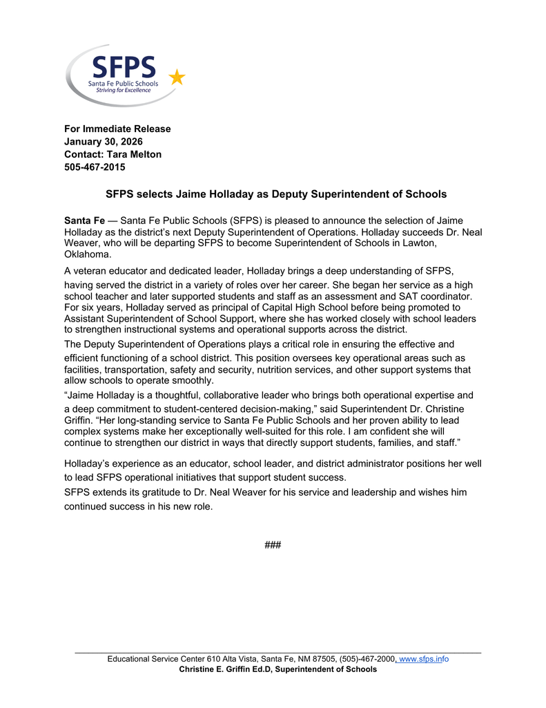  SFPS selects Jaime Holladay as Deputy Superintendent of Schools