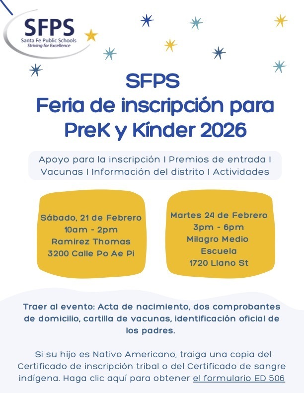 Nueva fecha. SFPS Feria de inscripción para Pre K and Kinder 2026