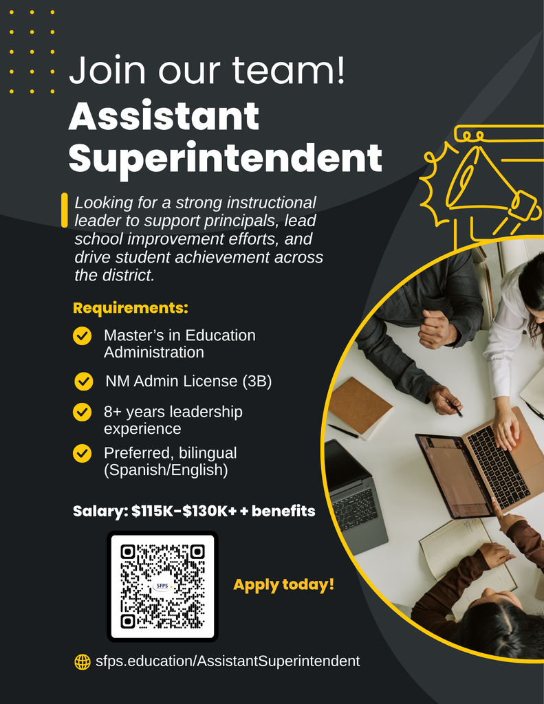 Join our team! Assistant Superintendent  looking for a strong instructional leader to support principals, lead school improvement efforts, and drive student achievement across the district.. More apply https://sfps.education/AssistantSuperintendent. 