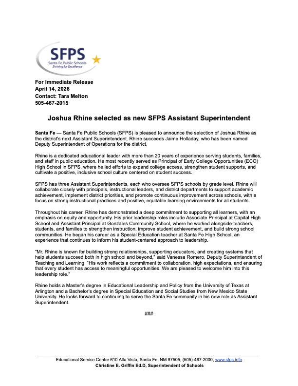 joshua rhine selected as new SFPS assistant superintendent press release