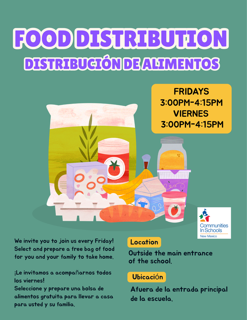 📢 Community in Schools Food Distribution / Distribución de alimentos  Community in Schools will provide food for families in need. Families can pick up food outside the front of the school from 3:00 PM to 4:15 PM.  La organización Community in Schools proporcionará alimentos para las familias que lo necesiten. Las familias pueden recoger comida afuera, frente a la escuela, de 3:00 p.m. a 4:15 p.m..