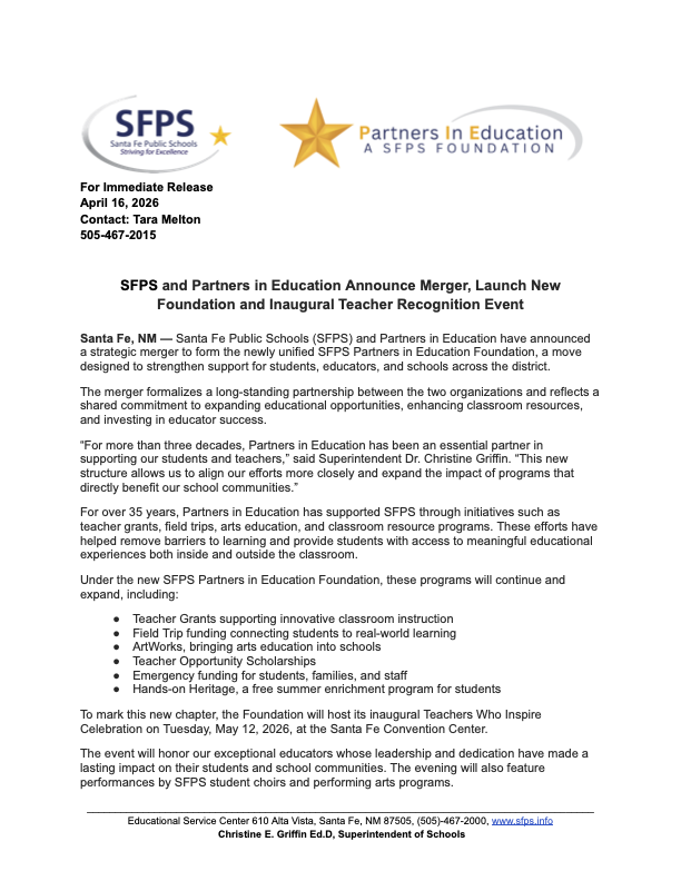 press release about sfps and partners in education announcing merger