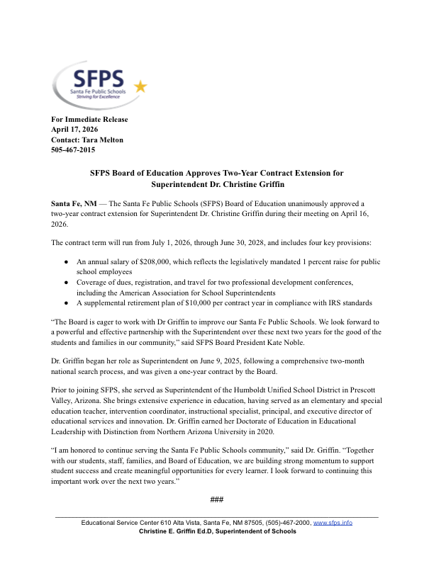 Press release about board of education approving superintendent’s contract