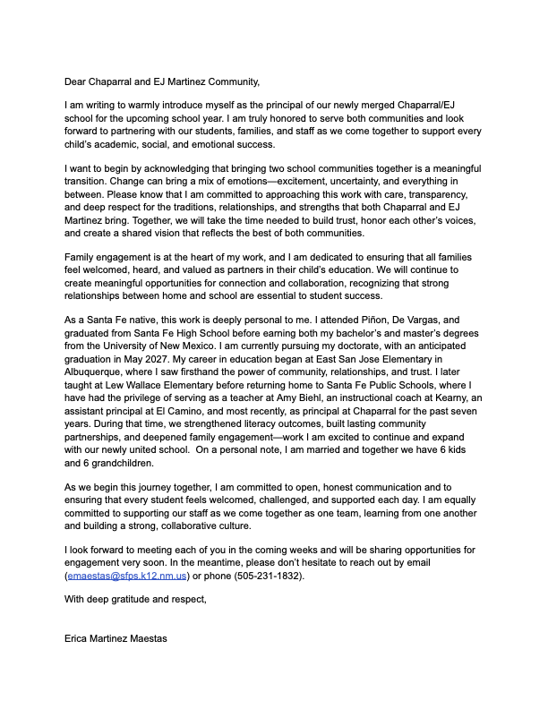 Message from  Principal Erica Martinez Maestas