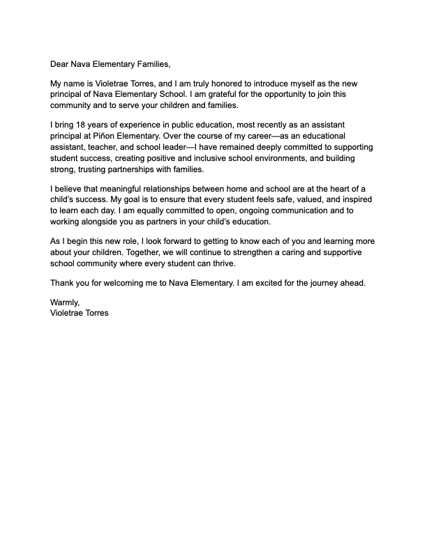 A formal letter with black text on white paper, introducing the new principal of Nava Elementary School.