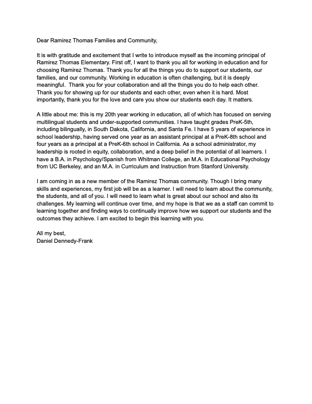 A letter from Daniel Denney-Frank includes a salutation and paragraphs of text. The text discusses gratitude and excitement for a new principal position.