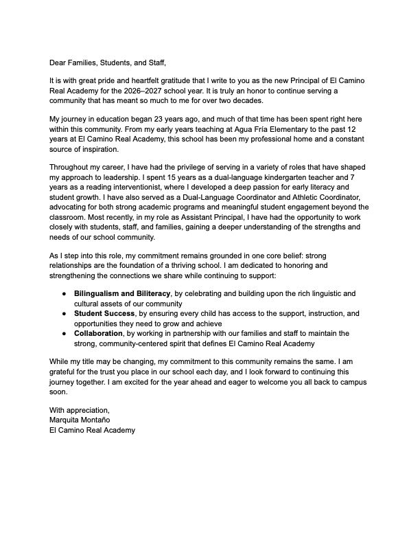 Document with title "Dear Families, Students, and Staff". Text includes introduction of the author as the Principal of E Camino Real Academy.