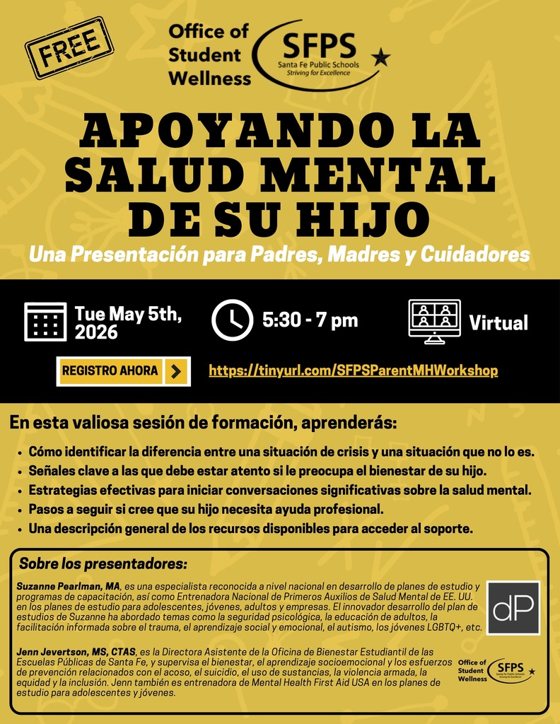 Advertisement for "Apoyando la Salud Mental de su Hijo" event. Features date, time, and virtual option. It highlights effective listening, conversation strategies, and professional support access.