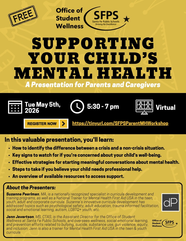 Yellow and black text on a white background. The title reads, "Supporting Your Child's Mental Health." A presentation date and time, and a virtual registration link are included.