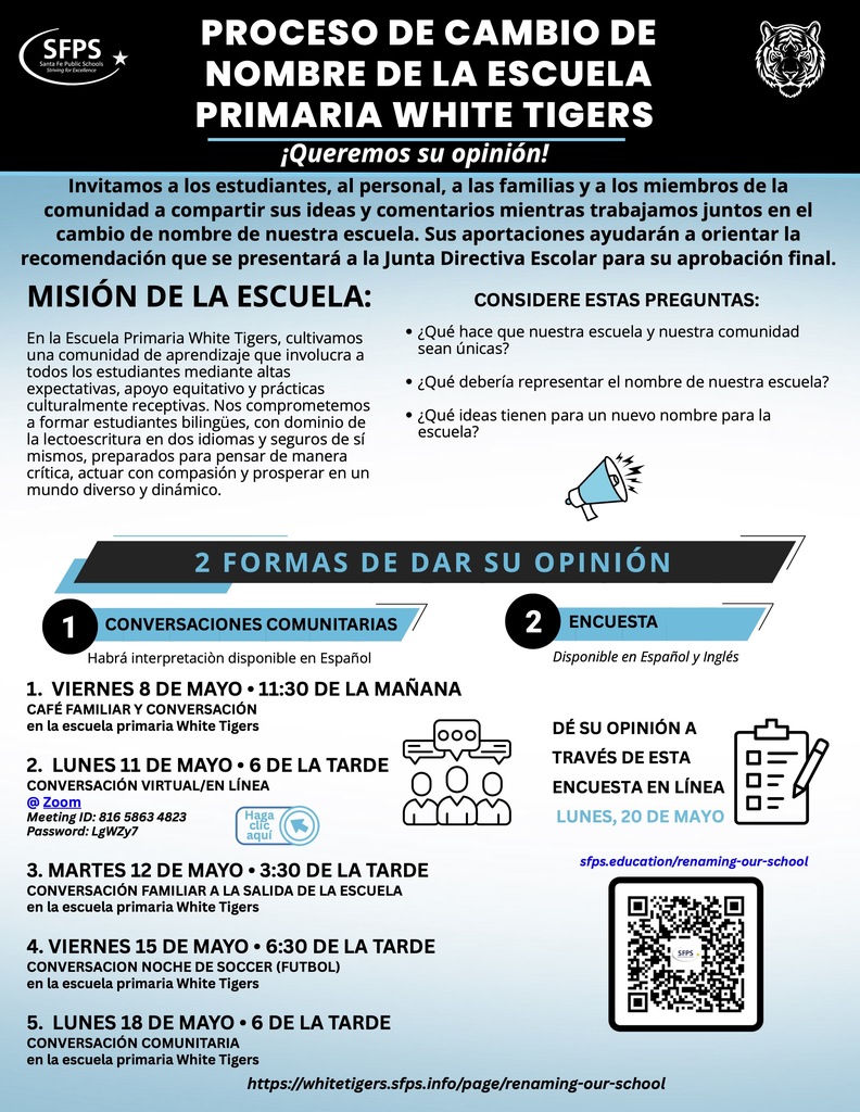 Black background with white text. Title reads "Processo de Cambio de Nombre de la Escuela Primaria White Tigers." Two ways to give an opinion: Community Conversations and Online Survey.