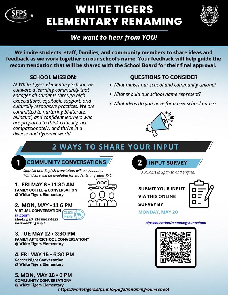 White Tigers Elementary is inviting feedback on renaming the school. Details include community conversations, an input survey, and specific dates and times.