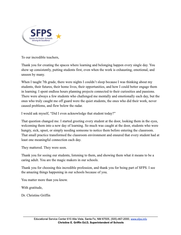 A letter with a star logo and text reads "To our incredible teachers" and describes their impact on students' lives.