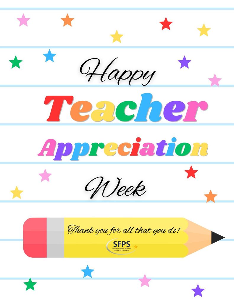 Brightly colored text reads "Happy Teacher Appreciation Week". The words are surrounded by stars and a pencil.