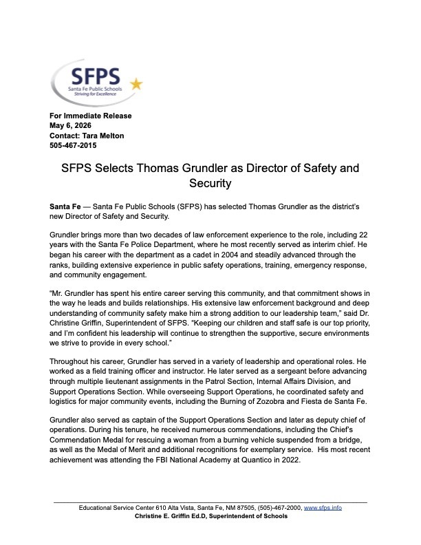 Document displays a title, "SFPS Selects Thomas Grunder as Director of Safety and Security" with contact details. It features text about Thomas Grunder's experience and qualifications for the role.