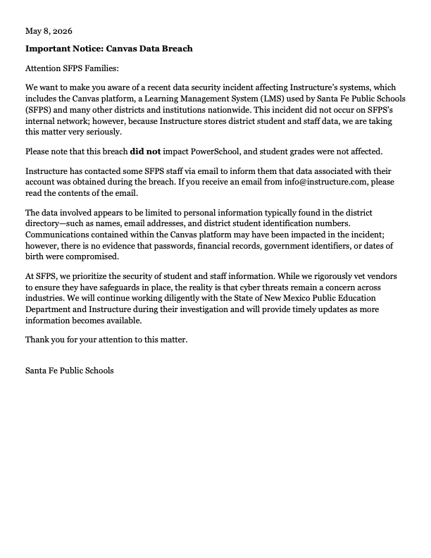 A document with black text on a white background. It includes headings "Attention: SFPS Families" and "Important Notice: Canvas Data Breach".