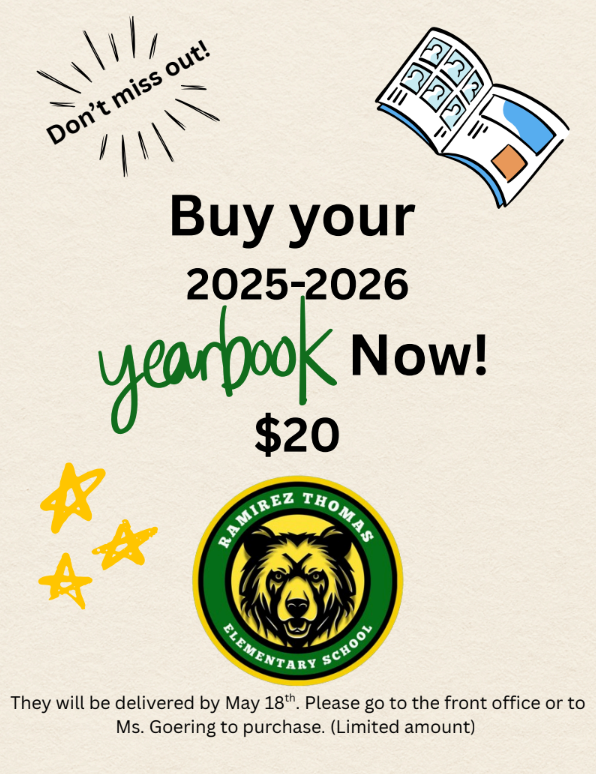 A poster with a white background invites viewers to buy a 2025-2026 yearbook. Priced at $20, the poster features a star, a book, and the school logo.