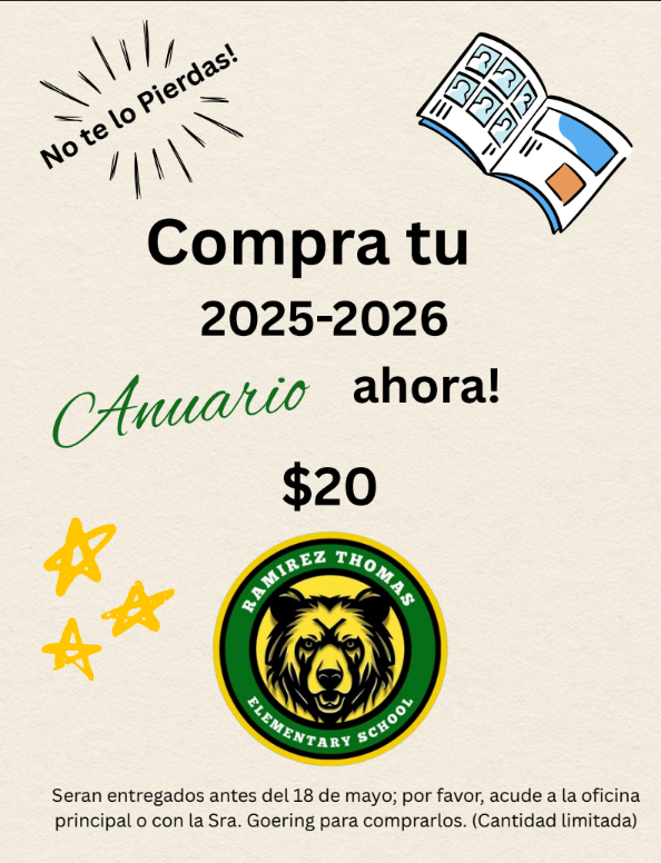A poster advertises the 2025-2026 school yearbook. It features a bear logo, the words "Compra tu Anuario ahora!" and a price of $20.