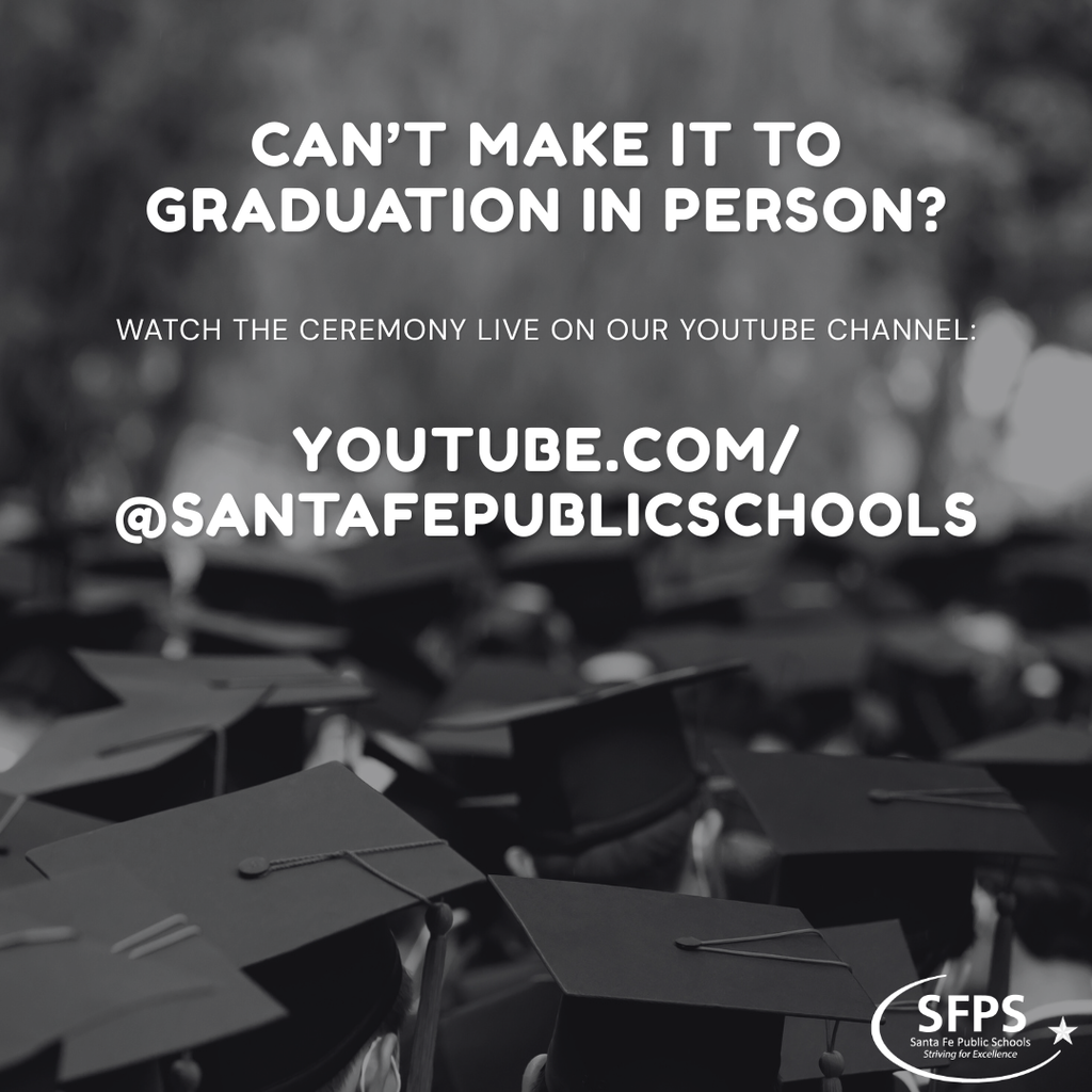 Black-and-white image of a crowd of people in caps and gowns with text about watching a graduation online.