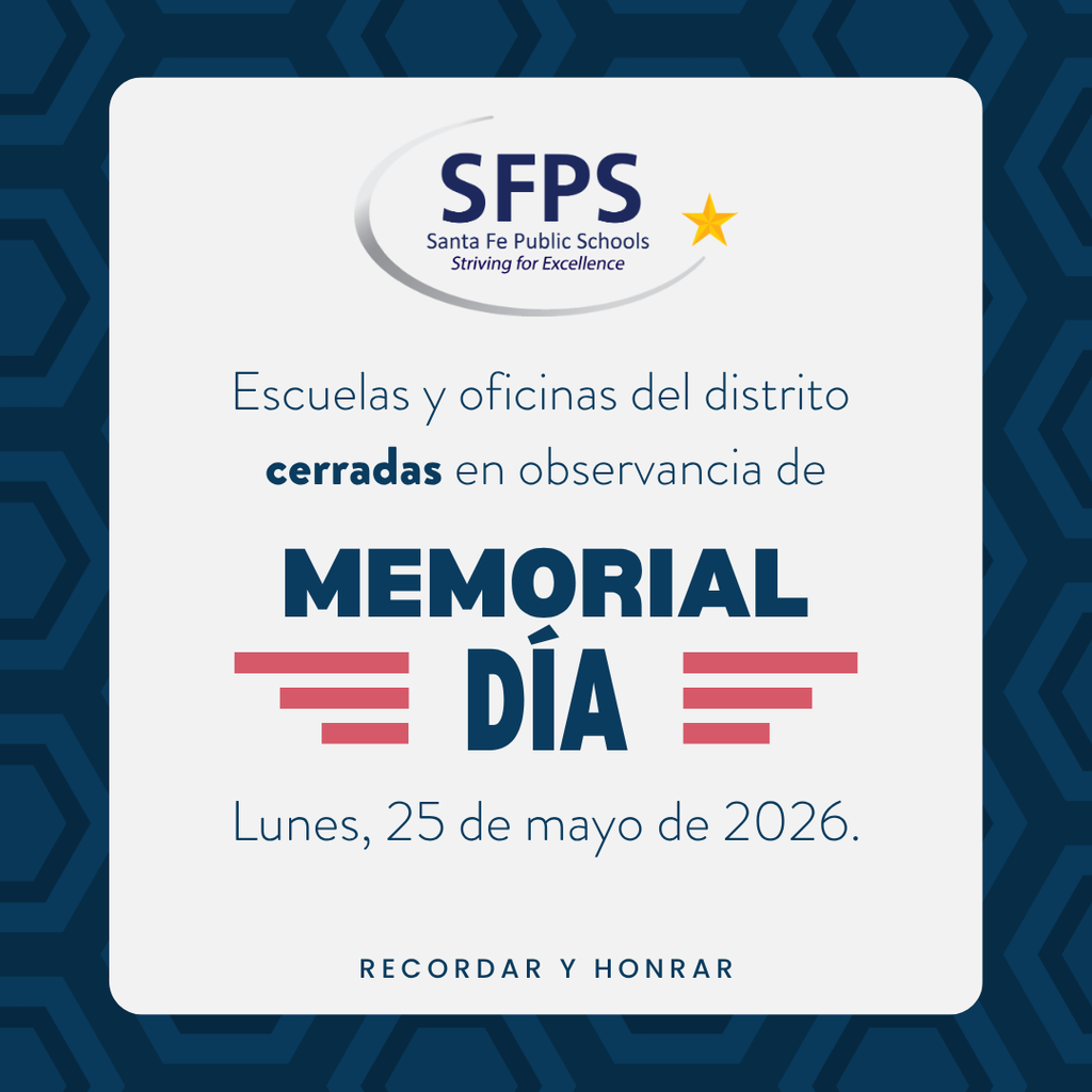 Blue and white graphic with "SFPS" and "Escuelas y oficinas del distrito cerradas en observancia de Memorial Día" text.