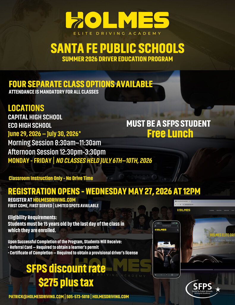 Advertisement for Holmes Elite Driving Academy, Santa Fe Public Schools summer 2026 driver education program. Four class options available. $275 plus tax.