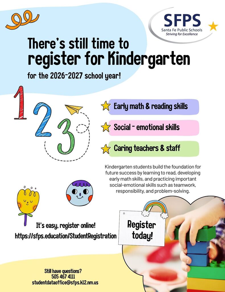 Poster promoting kindergarten registration for 2026-2027. Numbers 1, 2, 3 are highlighted. Features icons of books, flowers, smiley faces, and building blocks.