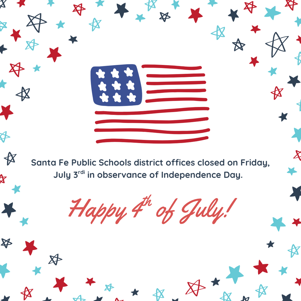 A white background features a U.S. flag surrounded by stars and text: "Happy 4th of July!" and "Closed July 3rd".
