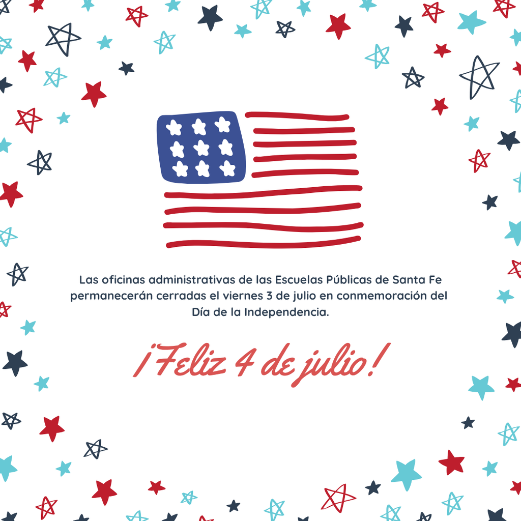 Stars and stripes surround a hand-drawn American flag. Text reads "Feliz 4 de julio!" and a reminder that offices will close.