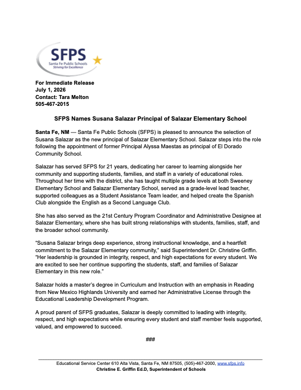 press release about sfps annoucing Susana Salazar as new principal of Salazar Elementary