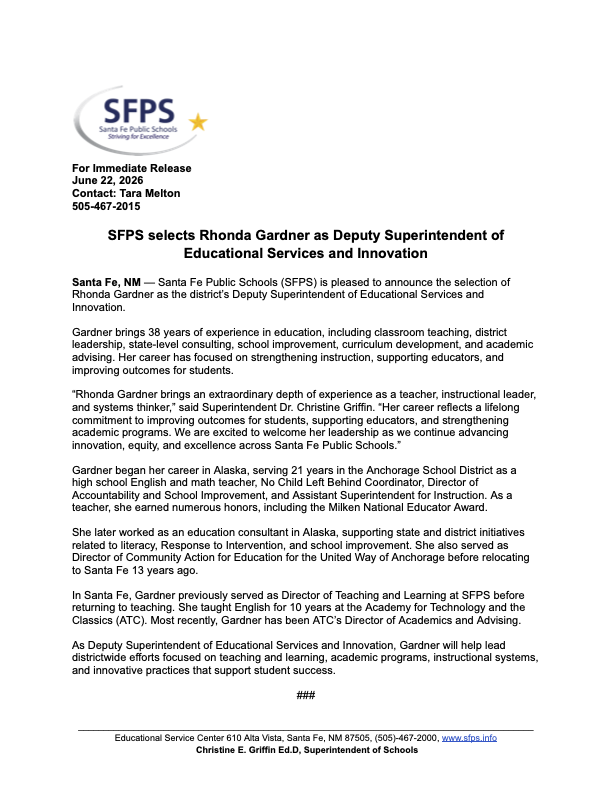 press release about sfps selects Rhonda Gardner as Deputy Superintendent of Educational Services and Innovation
