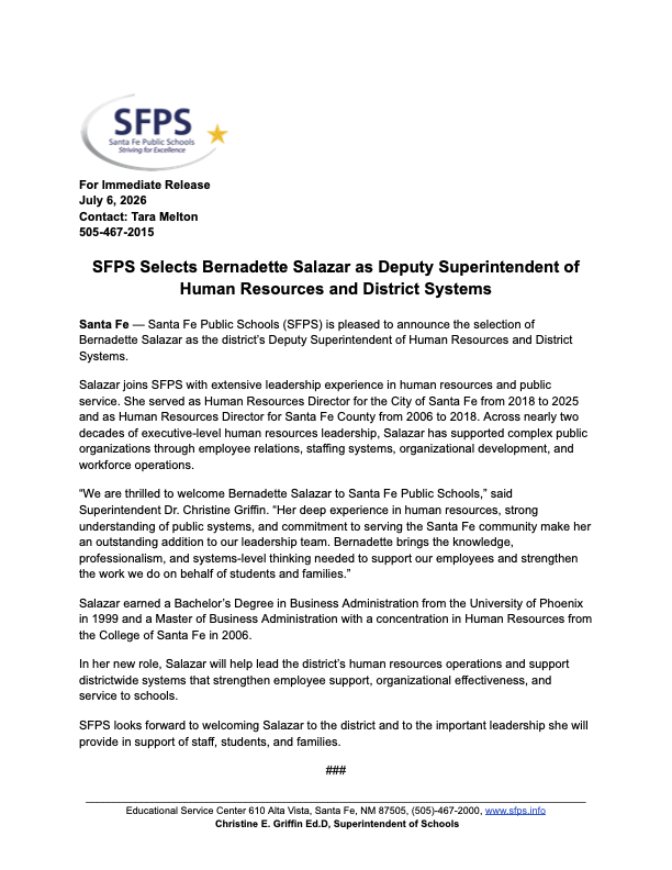 press release SFPS Selects Bernadette Salazar as Deputy Superintendent of  Human Resources and District Systems