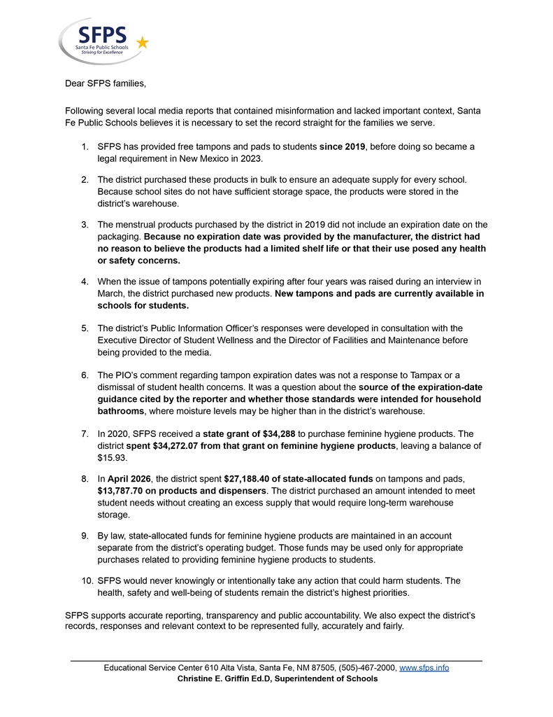 Letter to SFPS families regarding period products